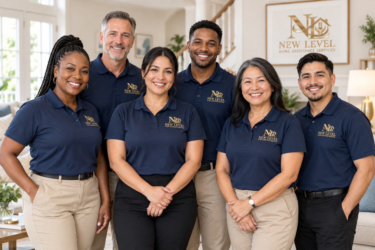 A diverse group of New Level Home Assistance Services team members wearing navy uniforms with the company logo